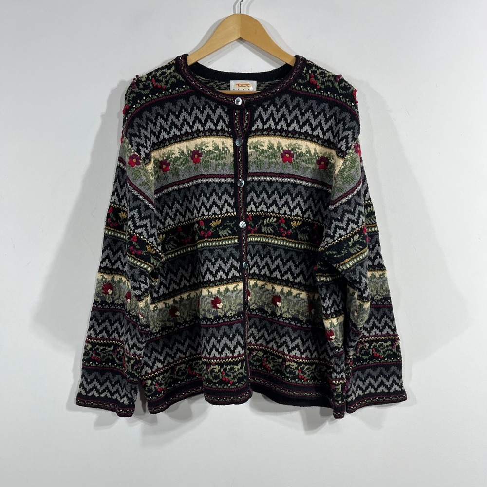Talbots VTG 90s Folk Cardigan Sweater Silk Cotton Fair Isle Floral Knit Women 3X
